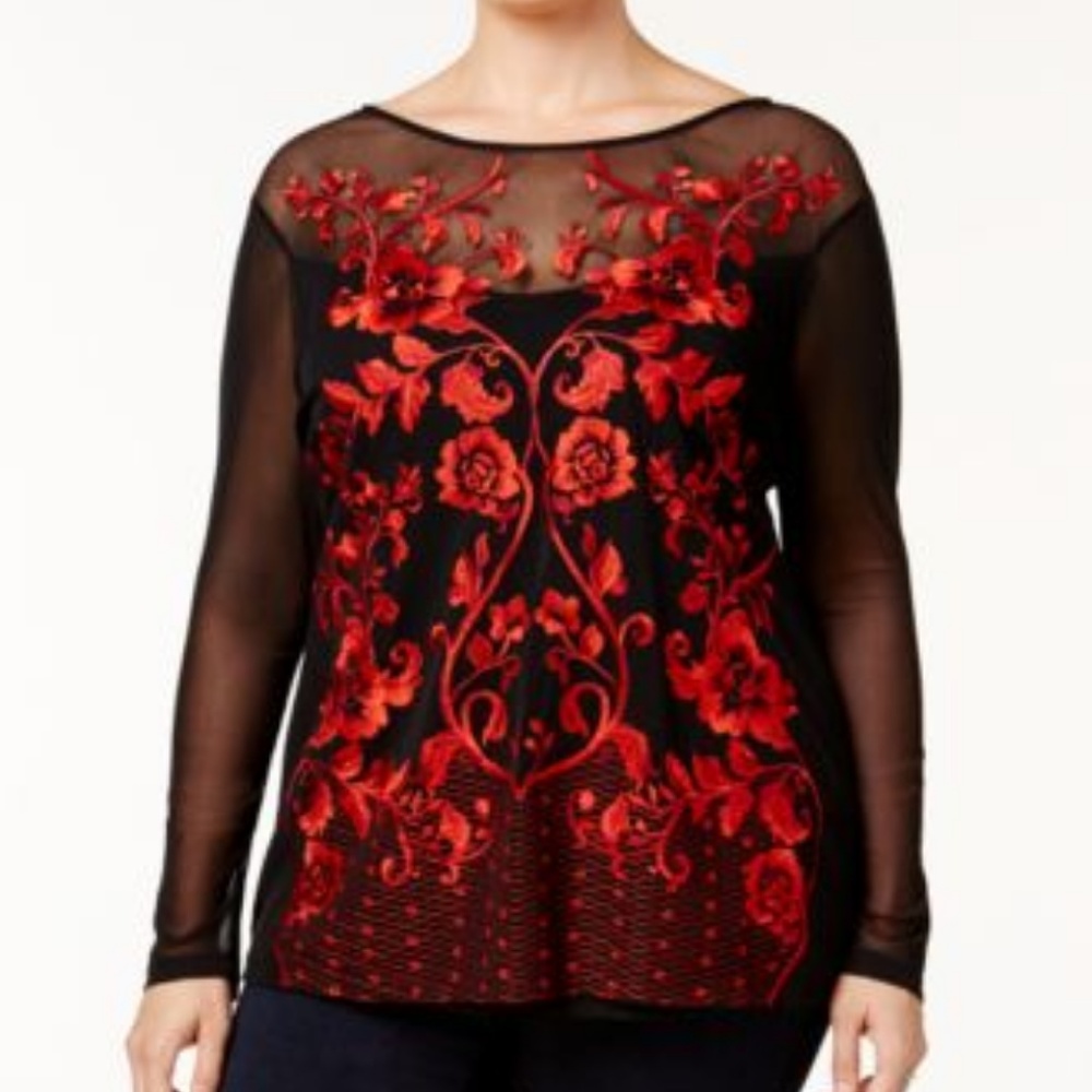 Embroidered Floral Mesh Tunic - Deep Black